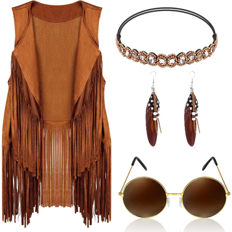 Women Accessories Earrings - 5-teiliges Hippie-Kostüm-Zubehör für Damen, Disco-70er-Hippie-Outfit, ärmellose