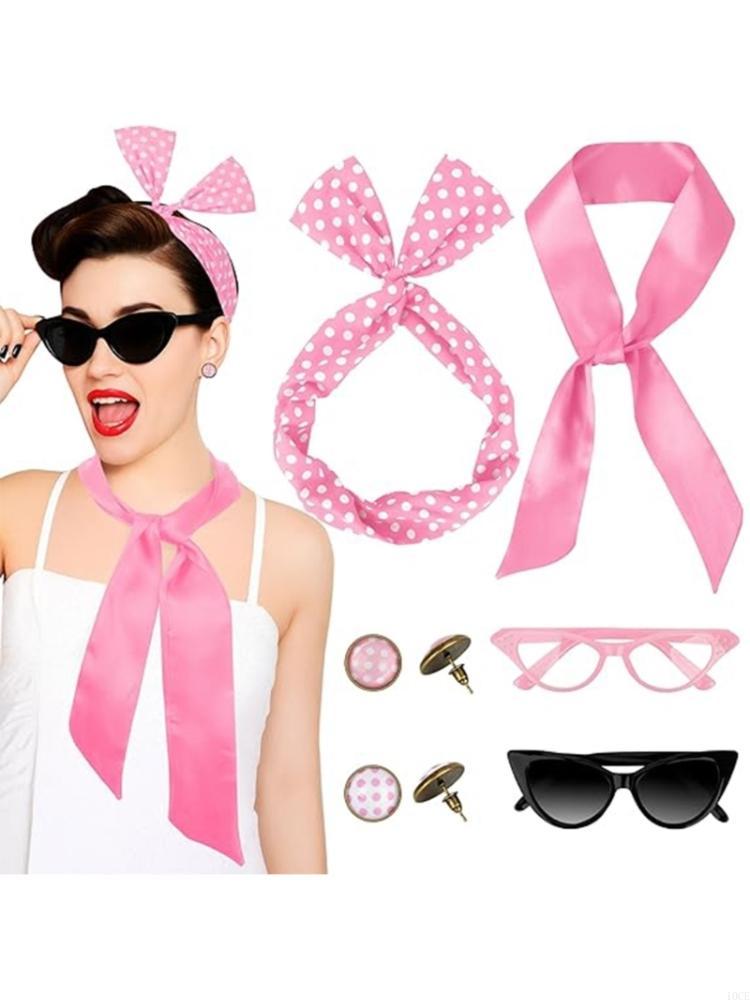 Women'S Accessories In The 1950S - 8-teiliges 50er-Jahre-Kostümzubehör-Set, Chiffon-Schal, Katzenaugen-Brille, Bandana-Ohrringe, 1950er-Jahre-Kostüm-Set
