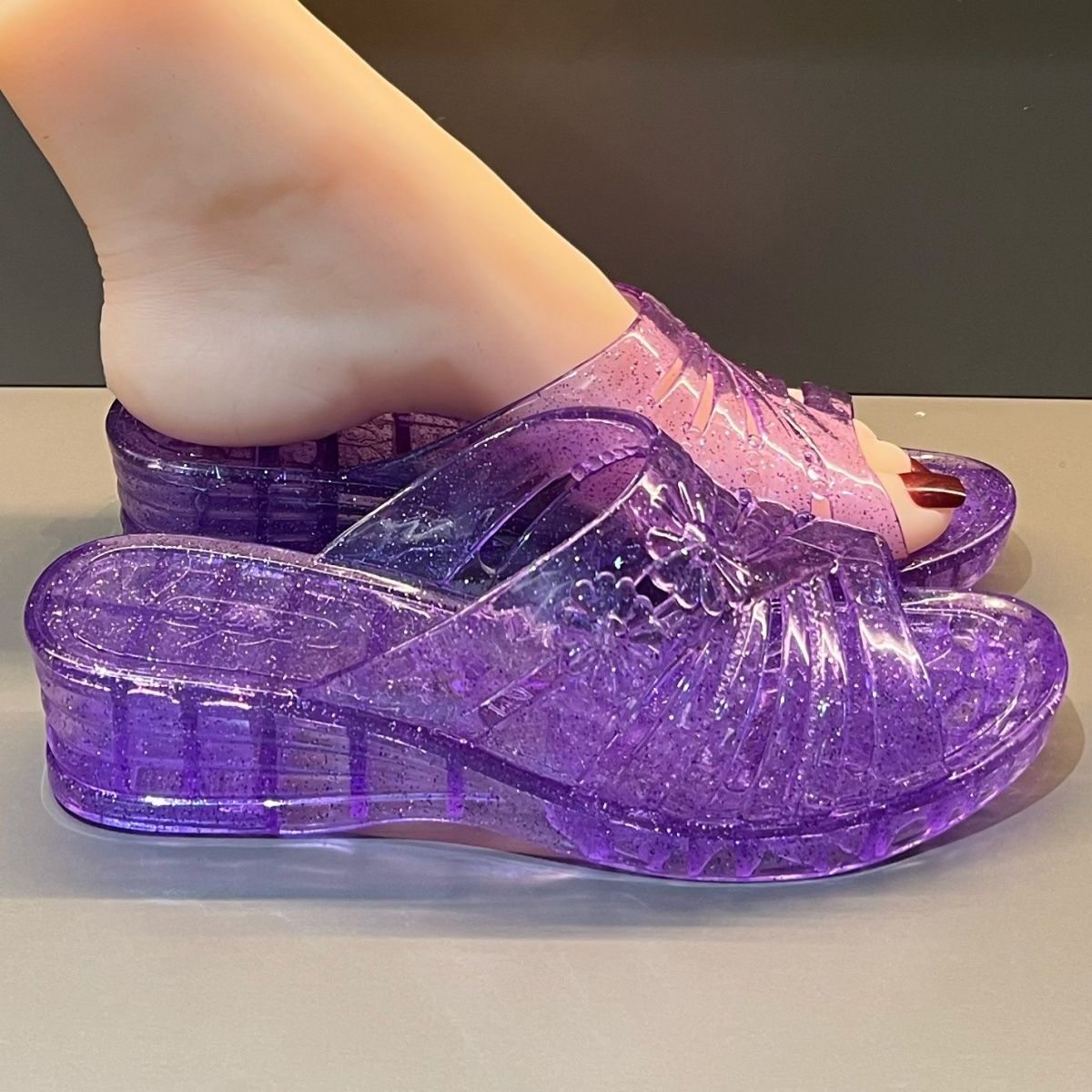 Modische Lila Glitzer-Keilsand – Women'S Shoes And Accessories Bewertung und Preis